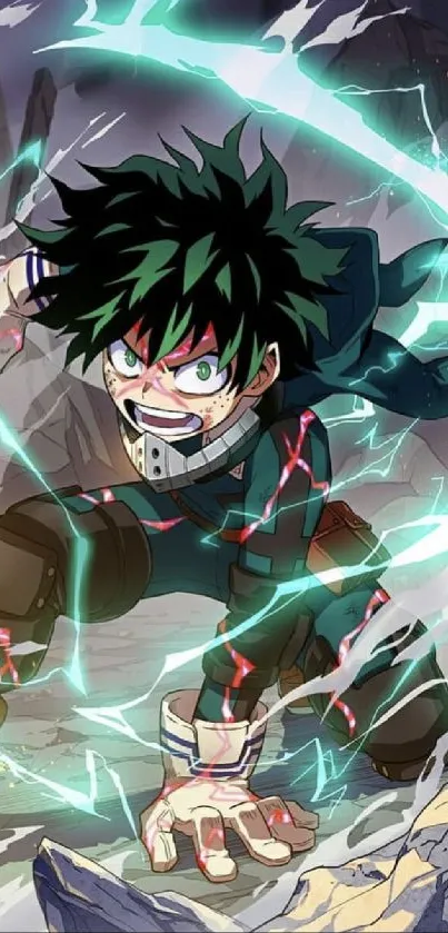 Anime hero in dynamic pose with electric effects.