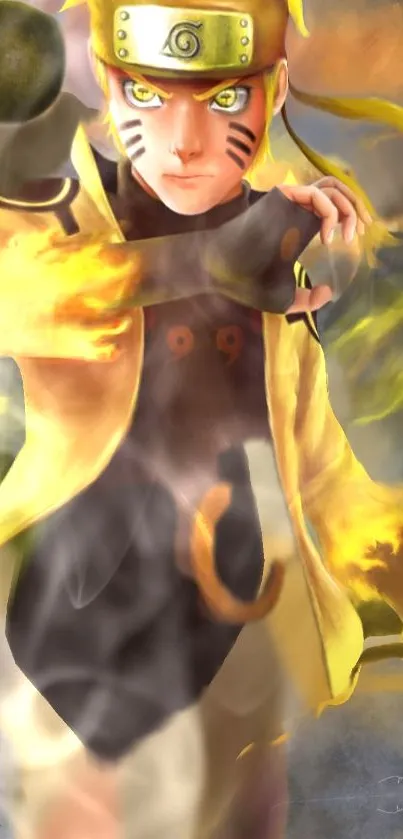 Dynamic anime hero in golden yellow aura, striking a heroic pose.