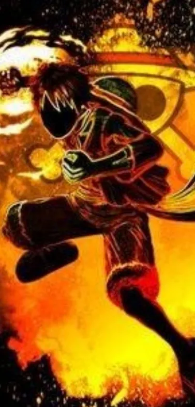 Anime hero with fiery background, soaring dynamically.