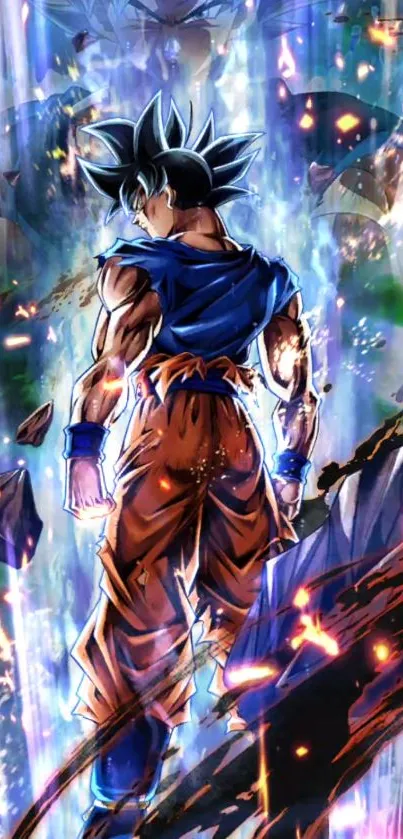 Anime hero in dynamic action pose with vibrant blue energy.