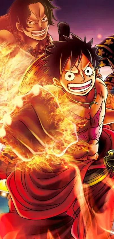 Dynamic anime hero with fiery powers in vibrant action scene.