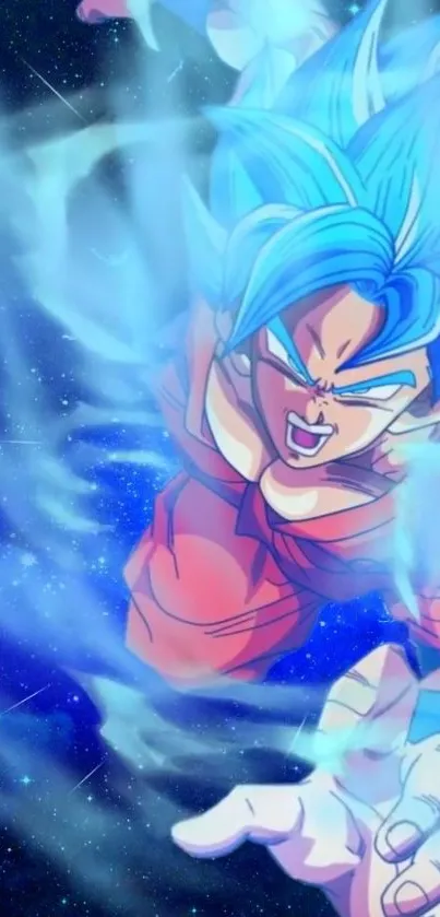 Anime hero with blue aura in dynamic action pose.