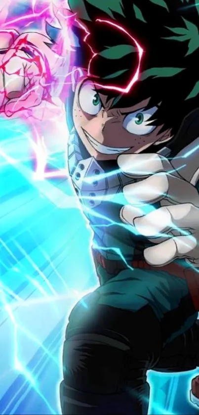 Dynamic anime hero generating energy with vibrant cyan and pink effects.