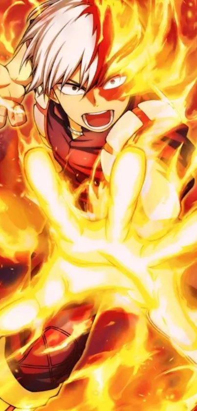 Anime hero surrounded by vibrant flames in action pose.