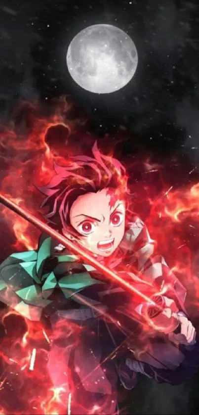 Anime hero amidst flames with full moon in background, perfect for phone wallpaper.