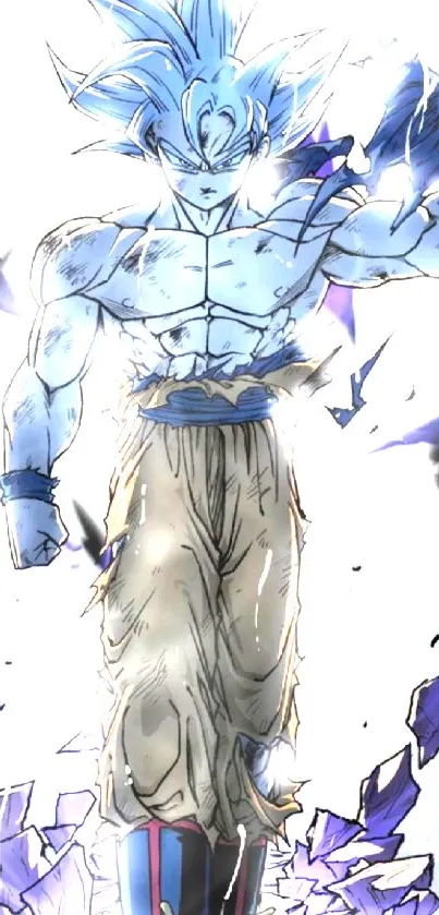 Anime hero with blue energy aura and shattered ground scene.