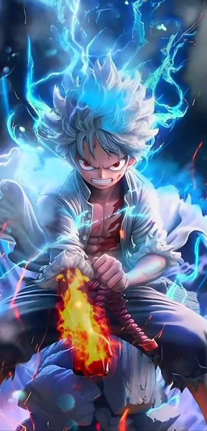 Anime character surrounded by blue lightning effect.