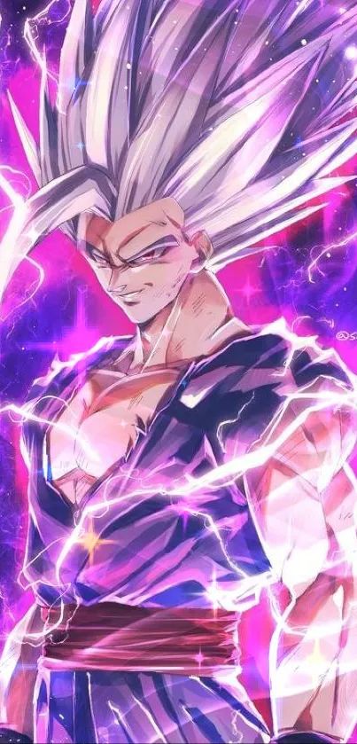 Anime character with vibrant lightning effects and purple hues.