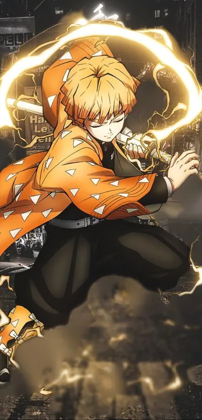 Anime character with lightning in an urban setting, orange and black colors.