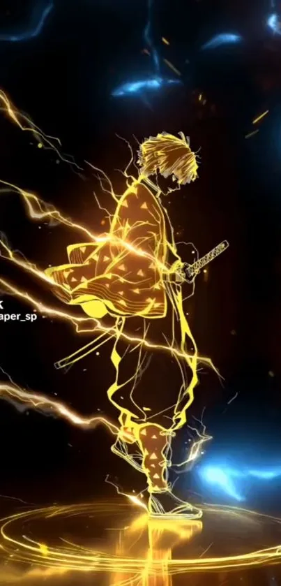 Anime character surrounded by gold lightning and vibrant energy.