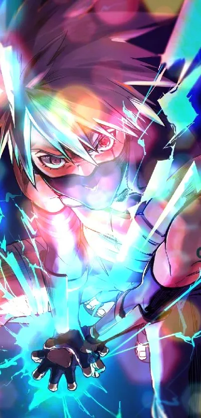 Anime character with electric lightning effect on mobile wallpaper.