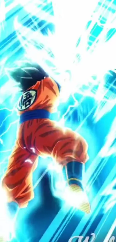 Anime character in blue lightning pose, full of dynamic energy.