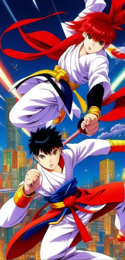 Anime characters in martial arts pose over a cityscape, vibrant colors, action-packed.