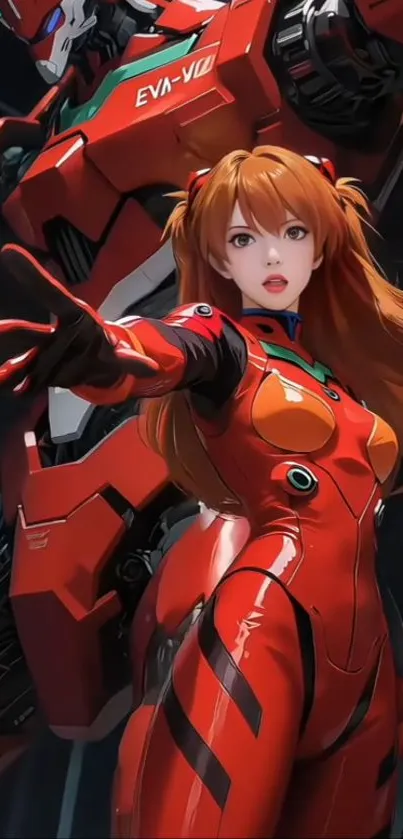 Anime character with a red mecha in action pose.