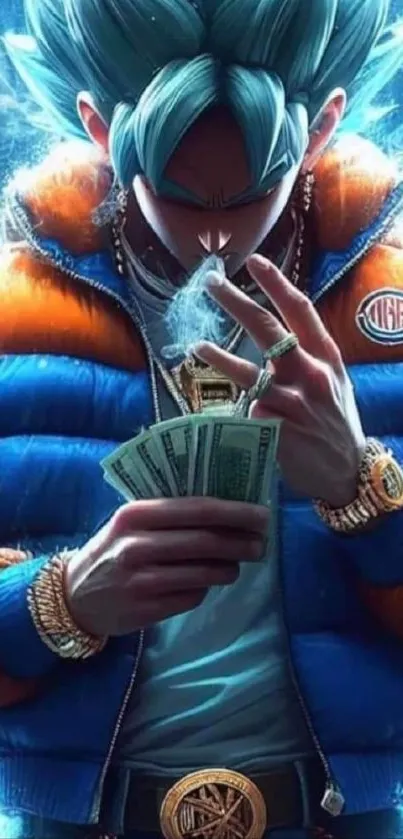 Anime character with blue hair, urban outfit, and money in hand.