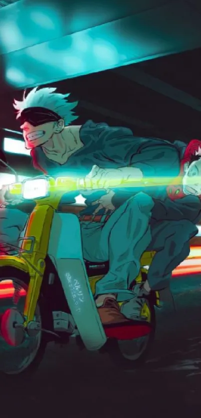 Anime characters on a motorcycle with city lights.