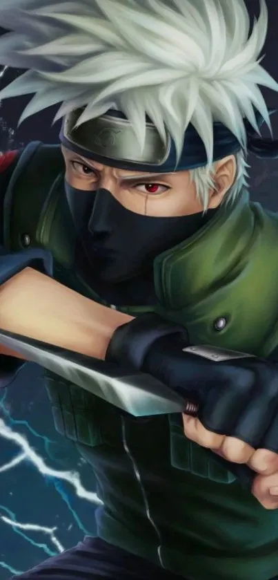 Anime ninja with white hair and green outfit slashing in action.