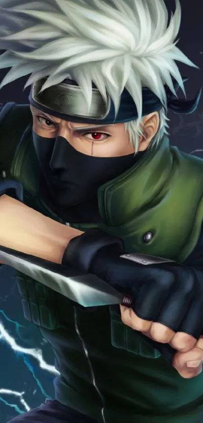 Anime ninja with white hair and intense backdrop.