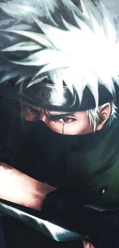 Anime ninja with silver hair, dark blue tones.