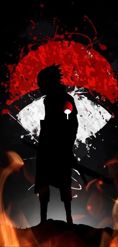 Anime silhouette with red, white, and black design.