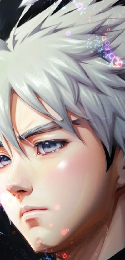 Anime portrait with white hair and blue eyes on a dynamic phone wallpaper.