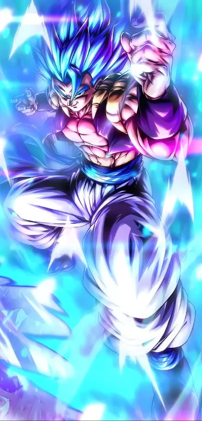 Anime character with vibrant blue aura in action-packed wallpaper.