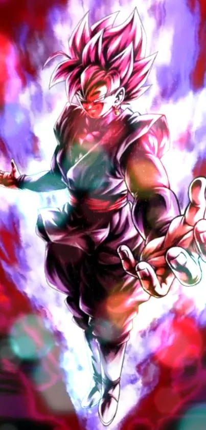 Anime character with vibrant energy aura on a colorful background.