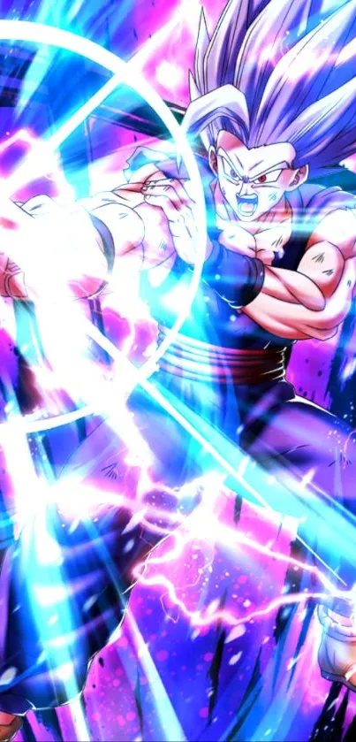 Anime character unleashing stunning energy burst with vivid violet hues.