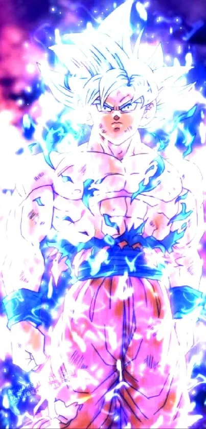 Anime character with powerful energy aura, vibrant purple background.