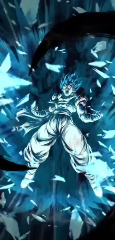 Energetic anime character with blue aura in action pose.