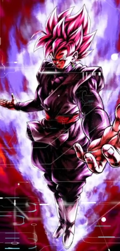 Anime character with red aura and energy aura on colorful background.