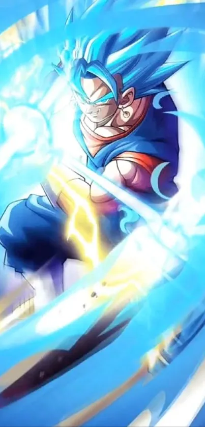 Anime character with blue and orange energy in dynamic action scene.