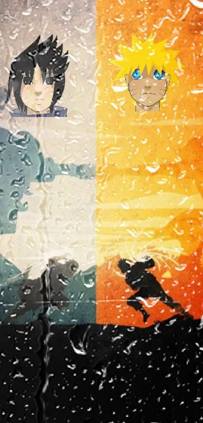 Anime characters with rain effect in orange and black tones.