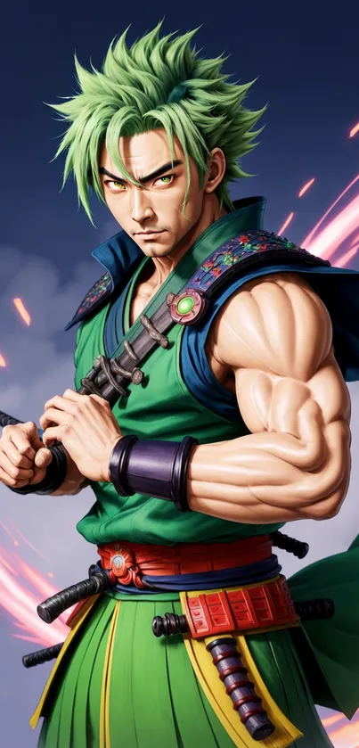 Anime samurai with green hair holding a katana against a dynamic background.