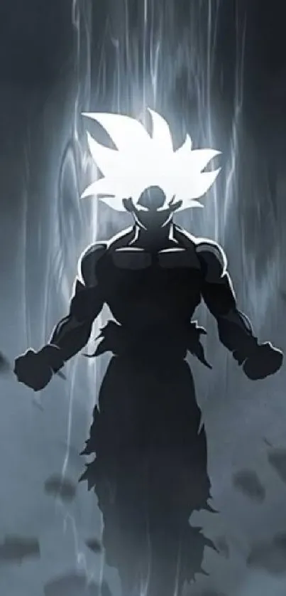 Dynamic anime silhouette with powerful energy on a dark background.