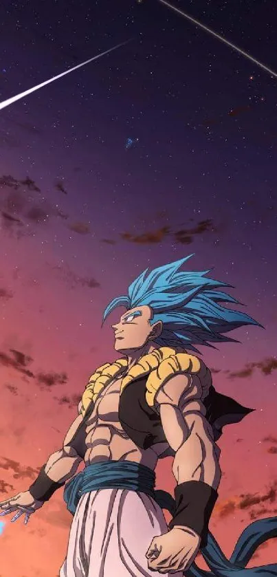 Anime character against a vibrant sunset sky with stars.