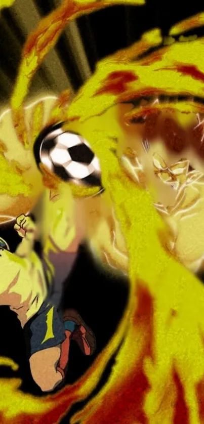 Dynamic anime soccer scene with fiery elements.