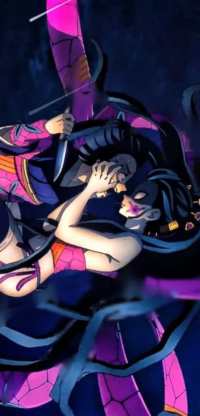 Anime character in dynamic spider costume with dark blue and purple accents.