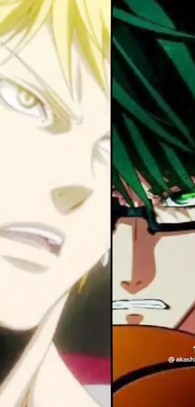 Dynamic anime split screen wallpaper with intense expressions.