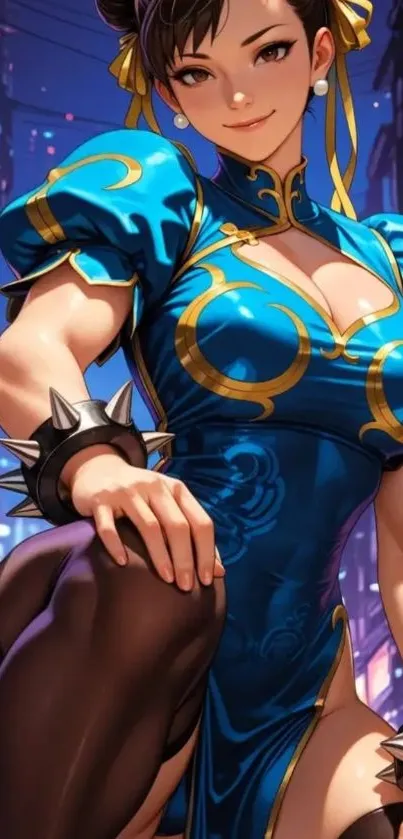 Anime character in blue dress with vibrant city background.