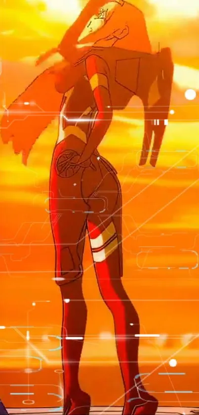 Anime character in futuristic attire against a vibrant sunset for mobile wallpaper.