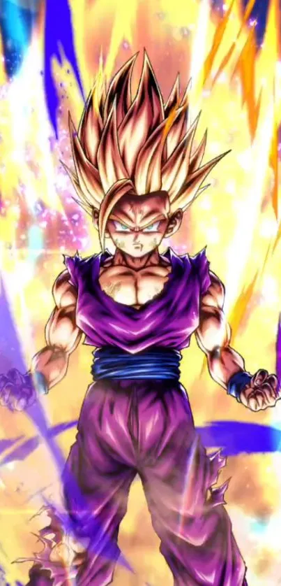 Anime character in Super Saiyan form with vibrant energy.