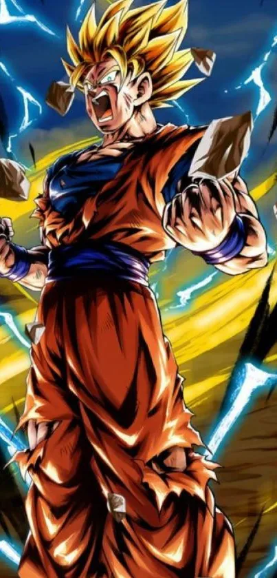 Anime Super Saiyan character with electric aura and vibrant background.