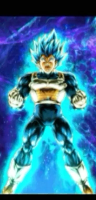 Anime hero with blue energy aura on cosmic background.