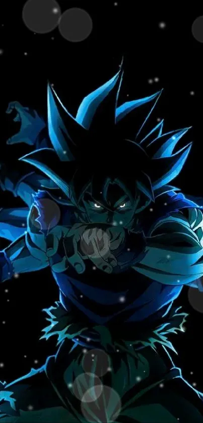 Dynamic anime superhero glowing in blue on a dark mobile wallpaper.