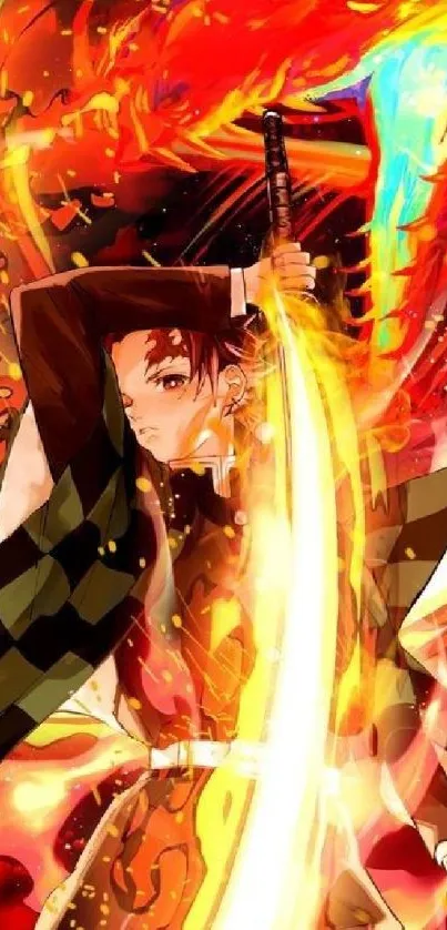 Anime character wielding sword in fiery scene.