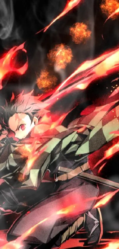 Anime character with sword and fire background.