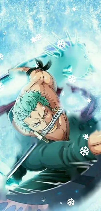 Anime character in intense sword fight with icy snowflakes backdrop.