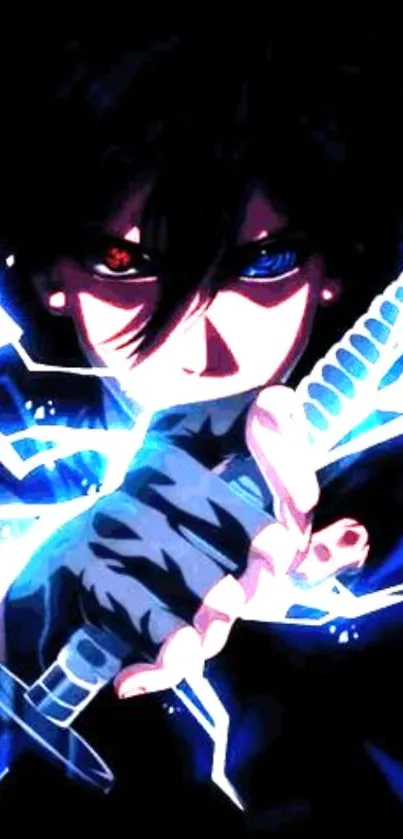 Anime character with sword and blue lightning effect on a dark background.