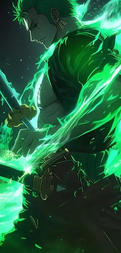 Anime warrior with green flames and sword in action pose.